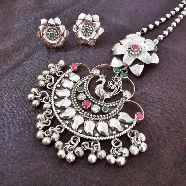 Peacock Radiance Ruby Silver Pendant Set