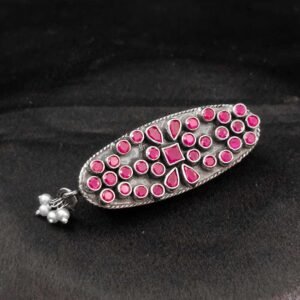 Silver Ruby Bloom Oval Saree Pin