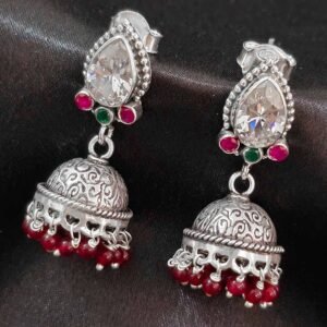 Crimson Bloom Silver Jhumka Earrings