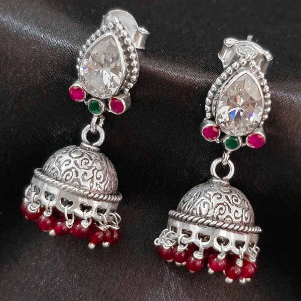 Crimson Bloom Silver Jhumka Earrings