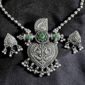 Twin Peacock Heart Silver Pendant Set