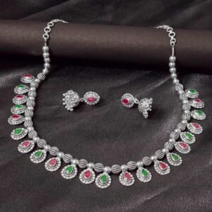 Pear Drop Stone Silver Necklace Set