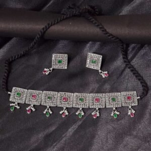 Square Charm Stone Silver Necklace Set