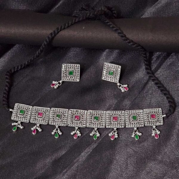 Square Charm Stone Silver Necklace Set