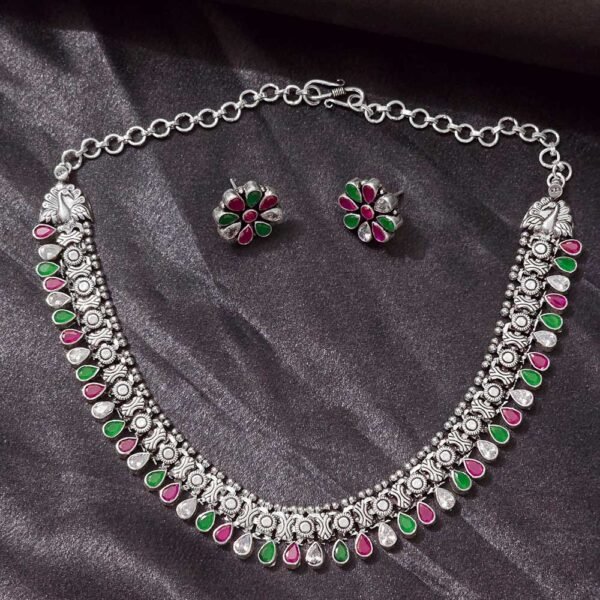 Royal Peacock Ruby Silver Necklace Set