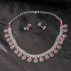 Ruby Bloom Stone Silver Necklace Set