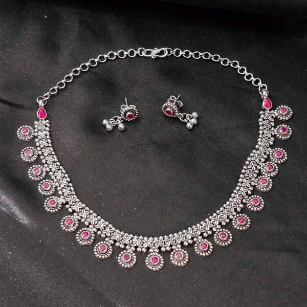 Ruby Bloom Stone Silver Necklace Set