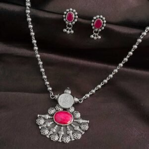 Royal Pink Stone Silver Pendant Set