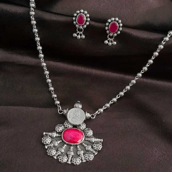 Royal Pink Stone Silver Pendant Set