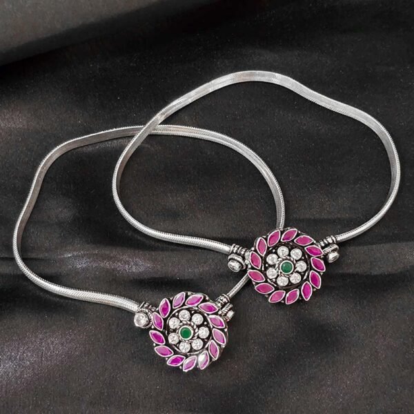 Padma Meenakari Floral Silver Anklet