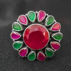 Ruby Radiance Floral Silver Ring
