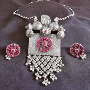 Ruby Peacock Stone Silver Pendant Set