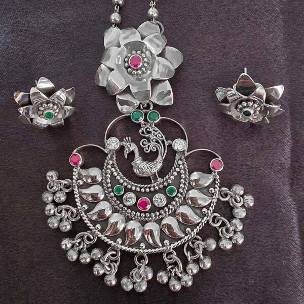 Peacock Radiance Ruby Silver Pendant Set - Image 2