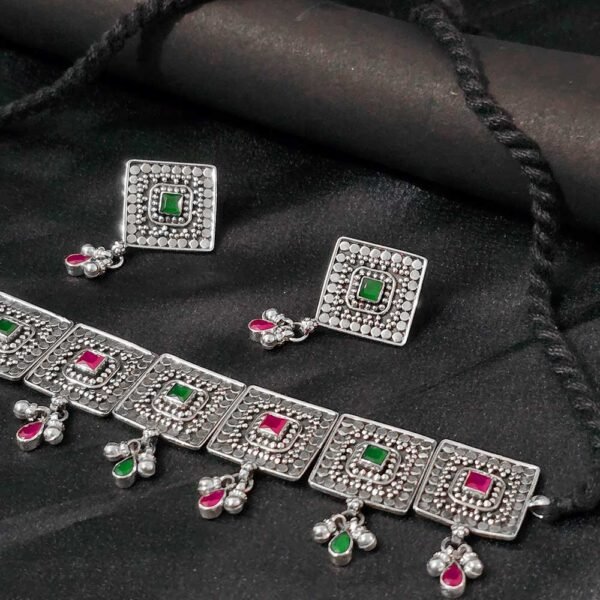 Square Charm Stone Silver Necklace Set - Image 2