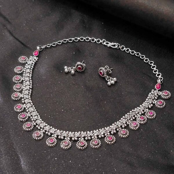 Ruby Bloom Stone Silver Necklace Set - Image 2